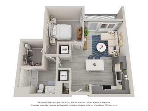 Floor plan for 1 bed, 1 bath, 678 sqft